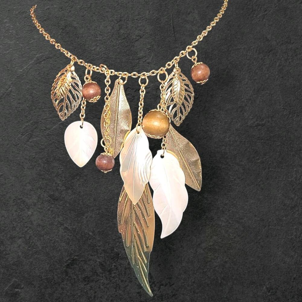 Vintage Gold Tone & Carved Mother Of Pearl Leaf Statement Necklace